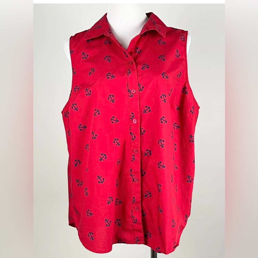 Kim Rogers 3X Sleeveless Top Button Down Navy Anchors Cotton Preppy Nautical